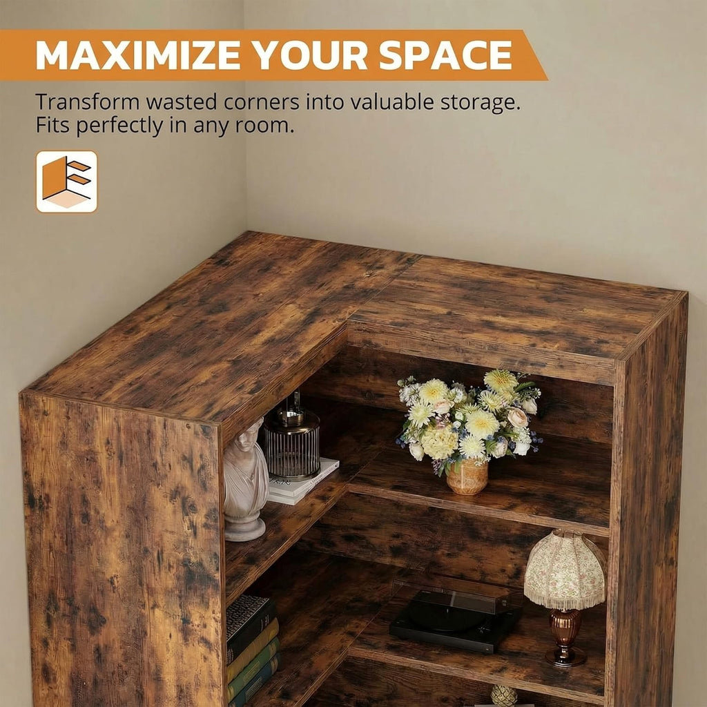 IRONCK Corner Bookshelf with Doors, 6-Tier Tall Corner Bookcase with Storage Cabinet, L-Shaped Corner Shelf for Living Room, Home Office, Vintage Brown
