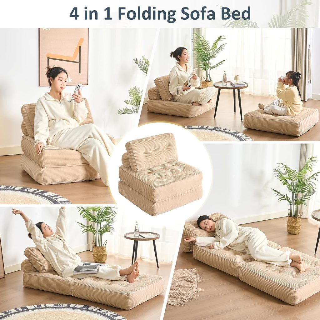 Convertible Folding Sofa Bed with backrest, Removable Washable Covering - Designed for Adults, Children, Leisure Areas, Ultra-Soft Filling Material, Corduroy(Camel)