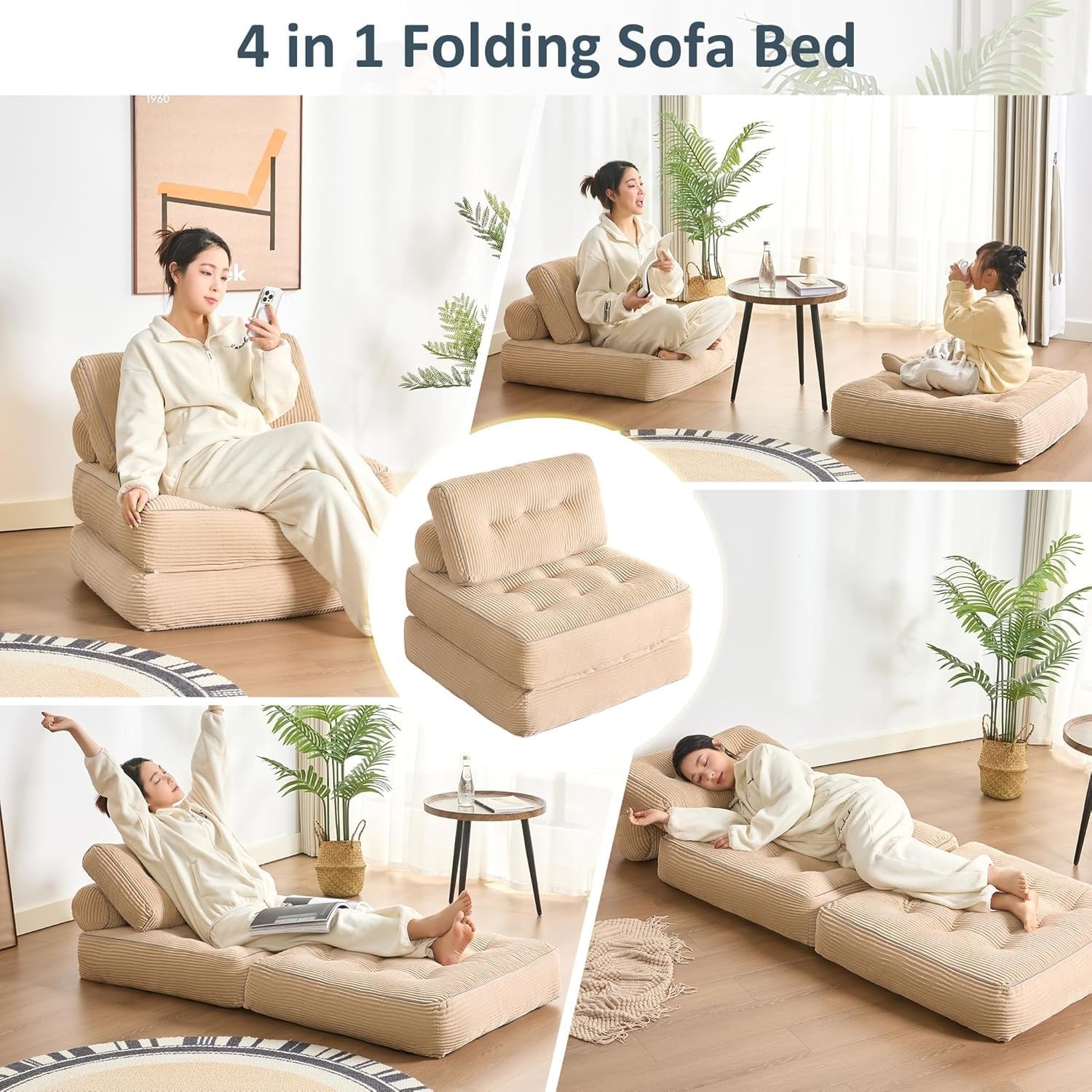 Convertible Folding Sofa Bed with backrest, Removable Washable Covering - Designed for Adults, Children, Leisure Areas, Ultra-Soft Filling Material, Corduroy(Camel)