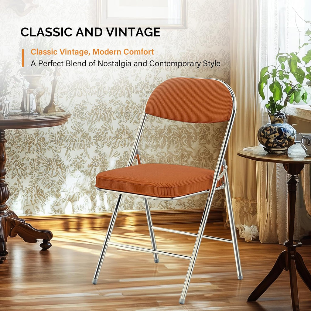 VINGLI Folding Chairs with Padded Seat & Backrest, Metal Frame, Durable Corduroy Fabric, 350 lbs Capacity, Set of 1, Orange – Ideal for Weddings, Parties, Office Events