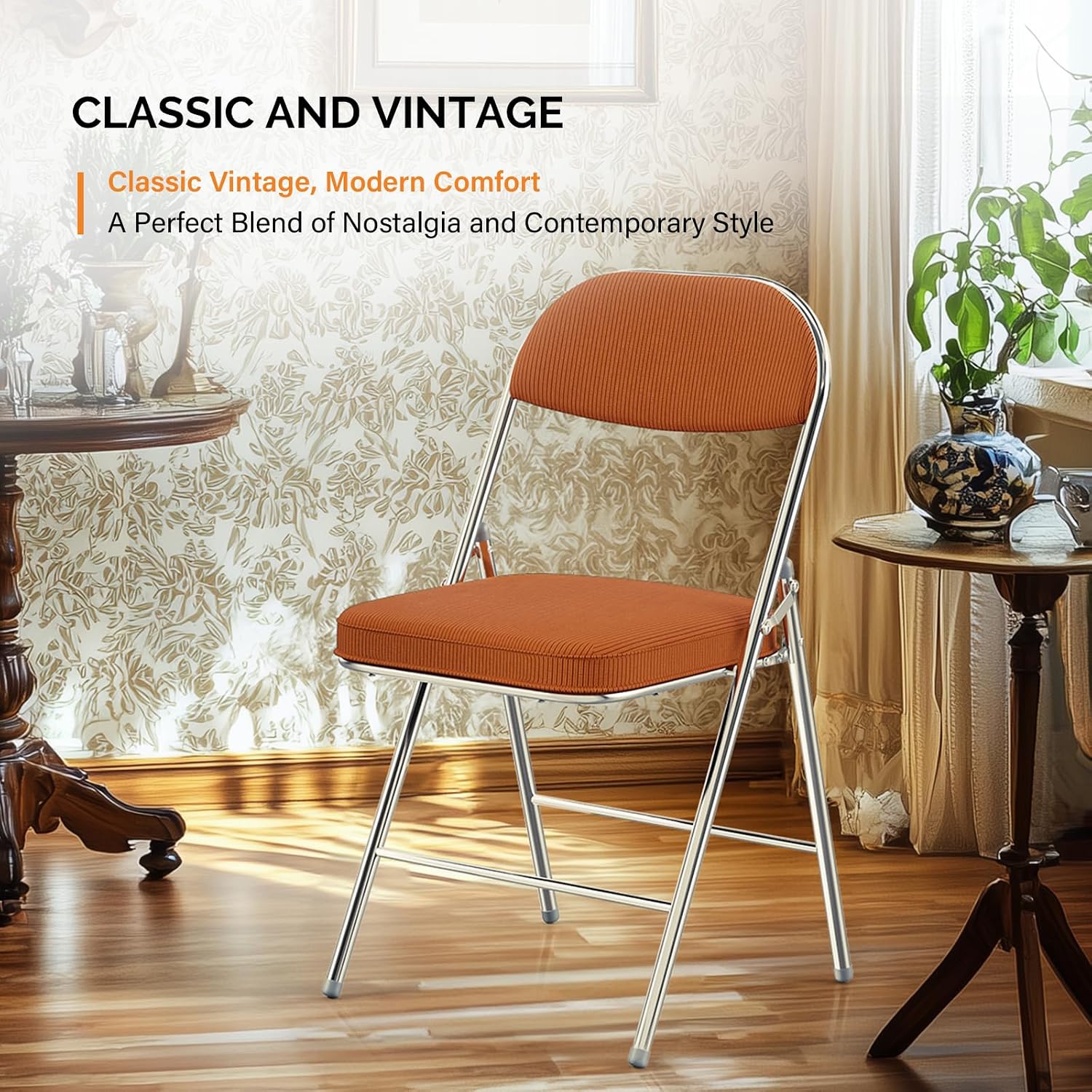 VINGLI Folding Chairs with Padded Seat & Backrest, Metal Frame, Durable Corduroy Fabric, 350 lbs Capacity, Set of 1, Orange – Ideal for Weddings, Parties, Office Events