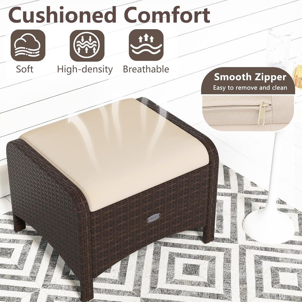 Tangkula 2 Pieces Outdoor Patio PE Wicker Ottomans with Removable Cushions, Outdoor Furniture for Additional Seating, Footrest and Side Table, Outdoor Footstools for Porch, Garden and Backyard