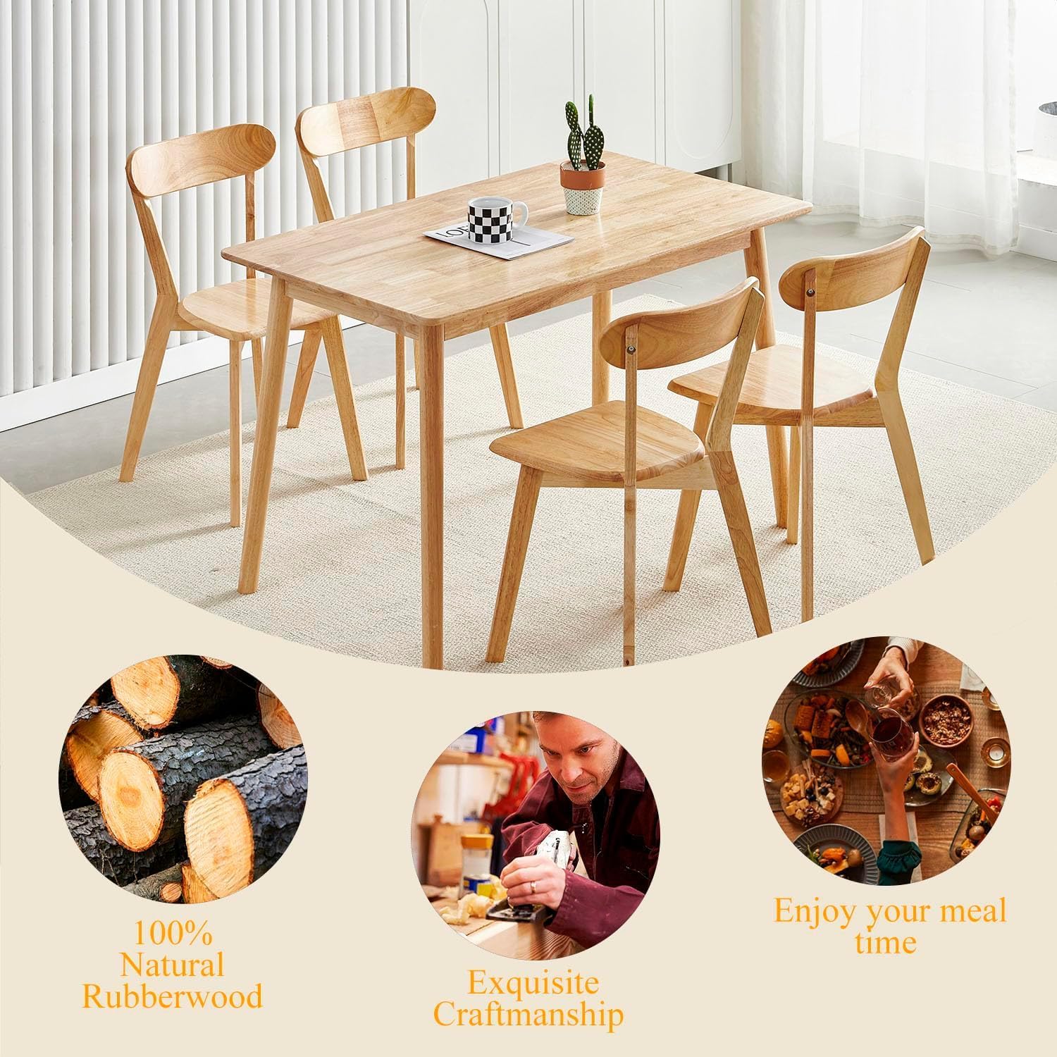 5-Piece Solid Wood Dining Table and Chairs Set for 4, Modern Wood Kitchen Table Set Kitchen Table with 4 Wooden Dining Chairs Set for Small Space