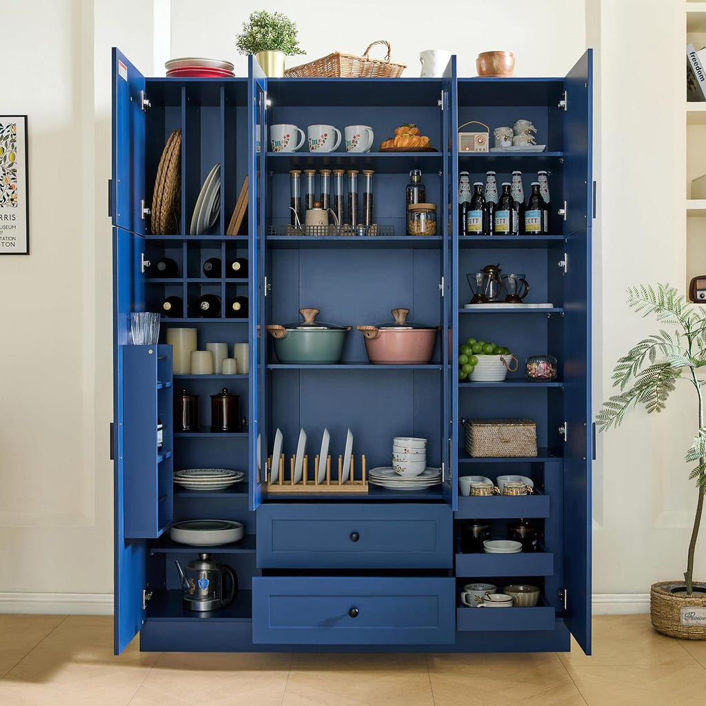JIVOIT 71''H Large Kitchen Pantry with 6 Doors, Drawers, Adjustable Shelves, Door Shelves, Pull-Out Trays and Wine Rack, Modern Wood Storage Cabinet Cupboard for Dining Room (Blue/170)