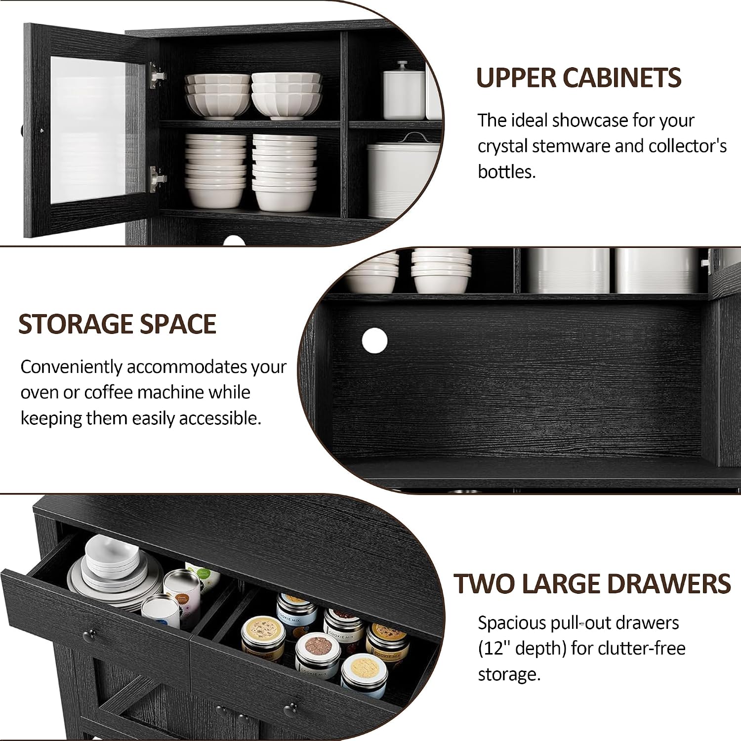 IDEALHOUSE 63" Kitchen Pantry Cabinet with Drawers, Hutch Cabinet with Storage, Microwave Stand, Adjustable Shelves, Freestanding Tall Pantry Storage for Dining Room, Living Room, Black