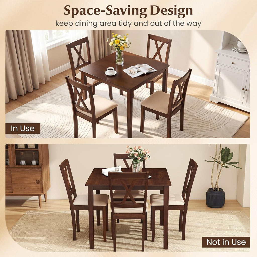 Giantex Dining Table Set for 4, Square Kitchen Table Set w/Rubber Wood Frame, 4 Upholstered Chairs w/X-Shaped Backrest, Space-Saving Dinette Set for Small Space, Dining Room, Breakfast Nook