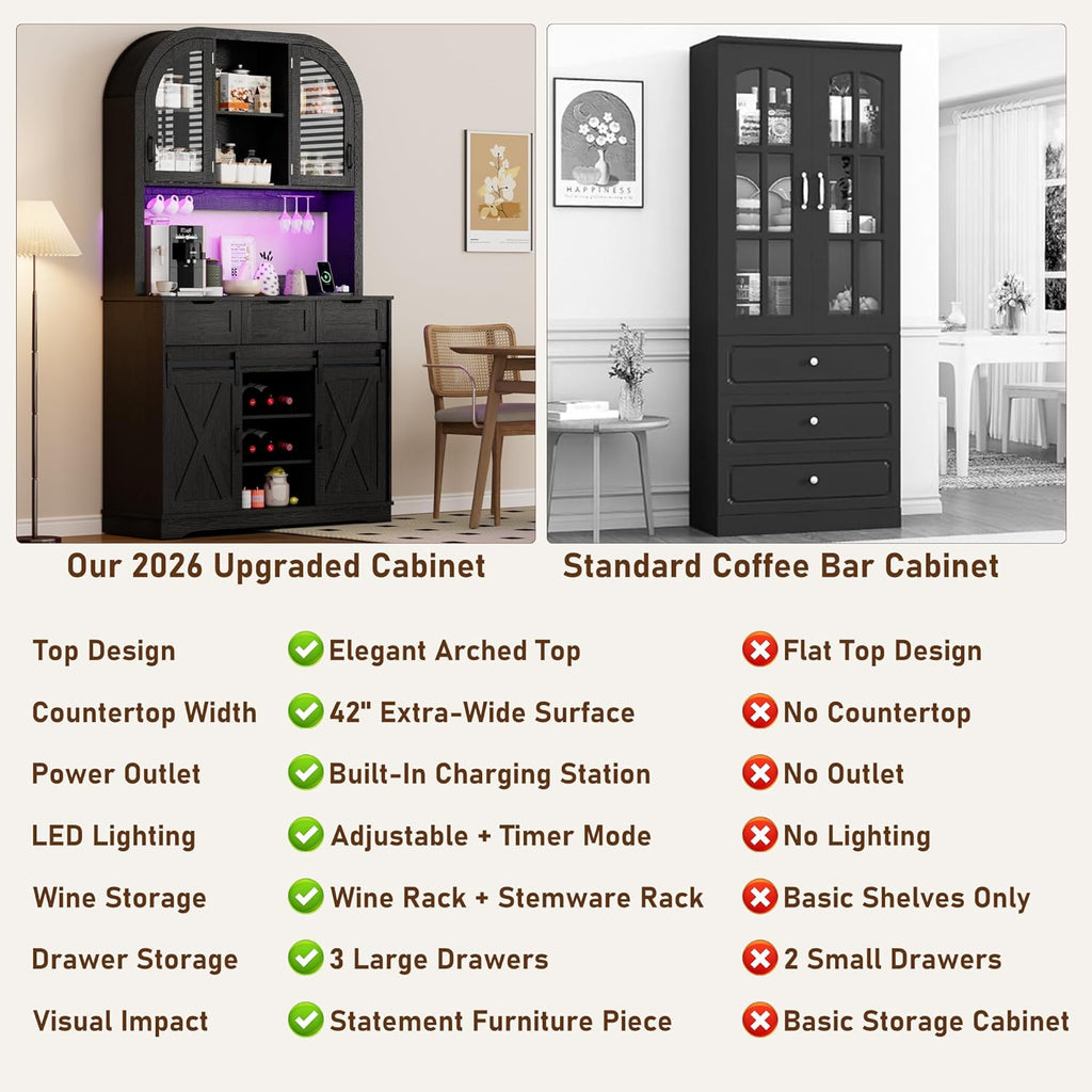 72" Tall Arched Pantry Cabinet w/Power Outlet,LED Lights, 42"W Modern Farmhouse Kitchen Hutch Coffee Bar Storage Cabinet w/Sliding Barn Door,3 Drawers,Glass Door, Versatile Cupboard,for Kitchen