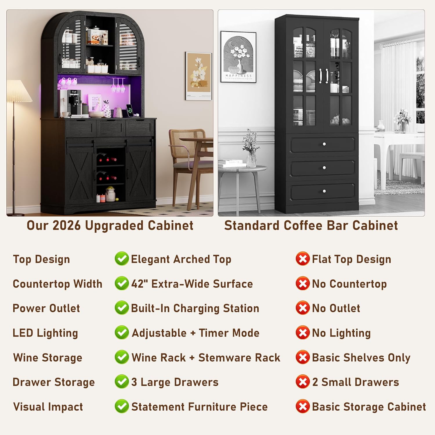 72" Tall Arched Pantry Cabinet w/Power Outlet,LED Lights, 42"W Modern Farmhouse Kitchen Hutch Coffee Bar Storage Cabinet w/Sliding Barn Door,3 Drawers,Glass Door, Versatile Cupboard,for Kitchen