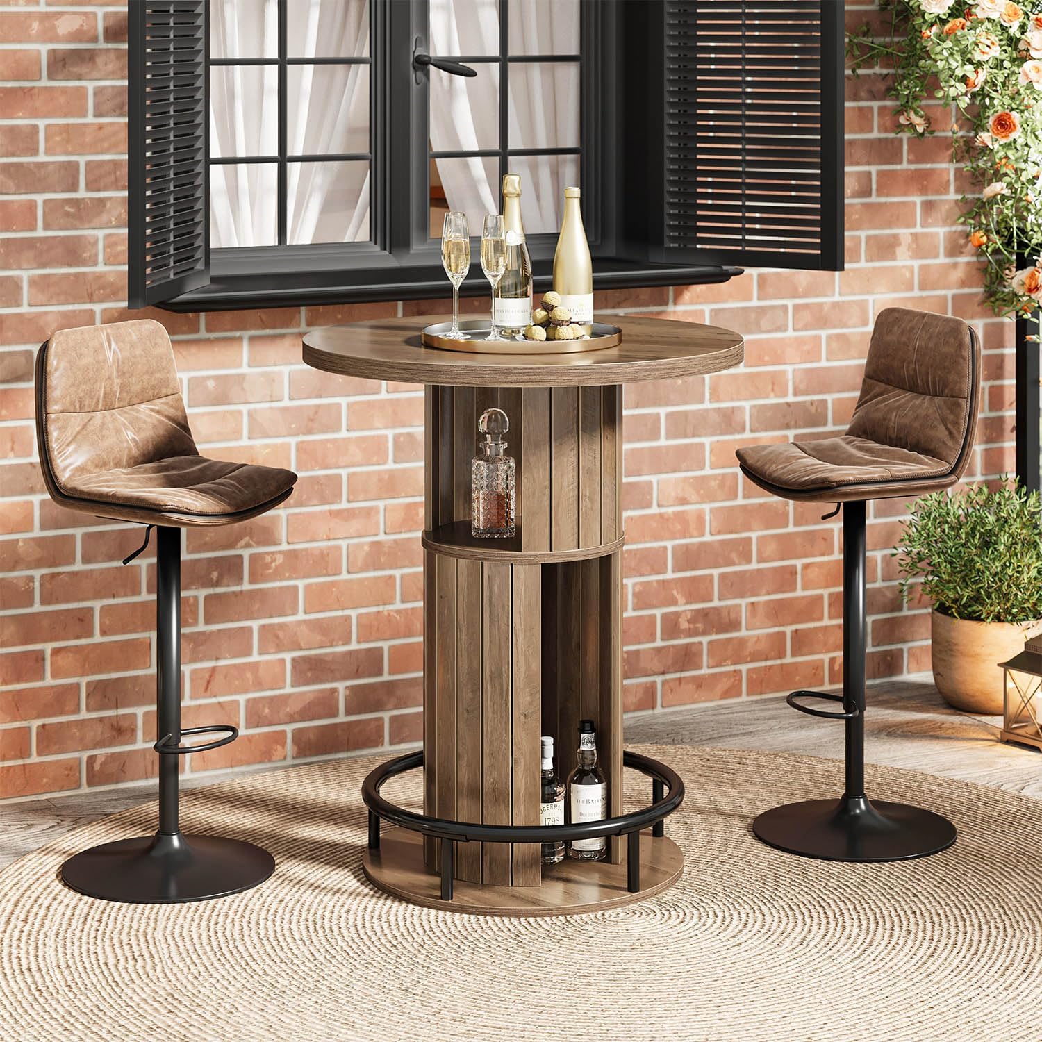 HSH Round Bar Table, 39.4" H Wood Pub Table with Storage & Metal Footrest, Modern Industrial Bar Height Bistro Cocktail Table for Coffee Bar, Kitchen Dining Room, Small Space, Rustic Oak, 2PCS