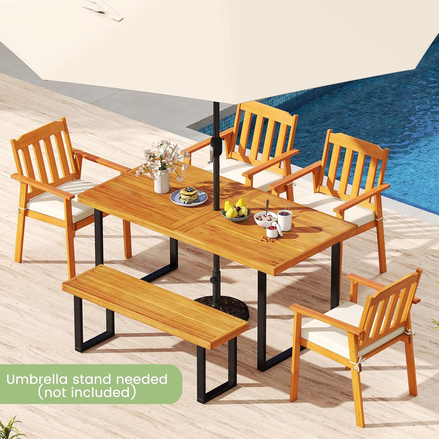 RELAX4LIFE Outdoor Bench Acacia Wood - 48’’ Garden Patio Dining Bench w/Slatted Seat, Metal Legs, 2-Person Backless Picnic Loveseat, Farmhouse Indoor Outdoor Furniture for Entryway Deck Park Porch (1)