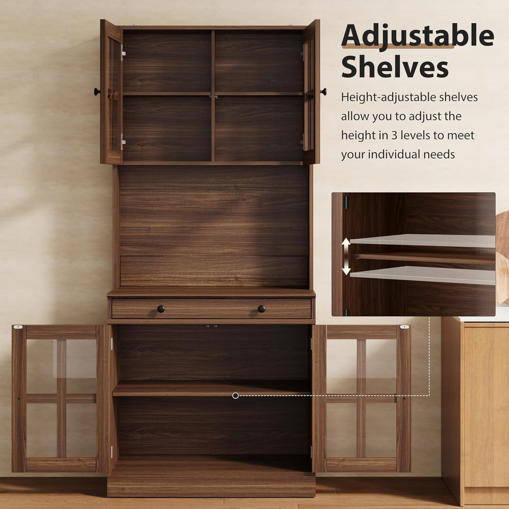 Garvee 72 Inch Kitchen Pantry Cabinet with Glass Doors, Drawer and Adjustable Shelves, Farmhouse Tall Storage Cabinet with Open Countertop, Coffee Bar Cabinet for Coffee Corner, Walnut