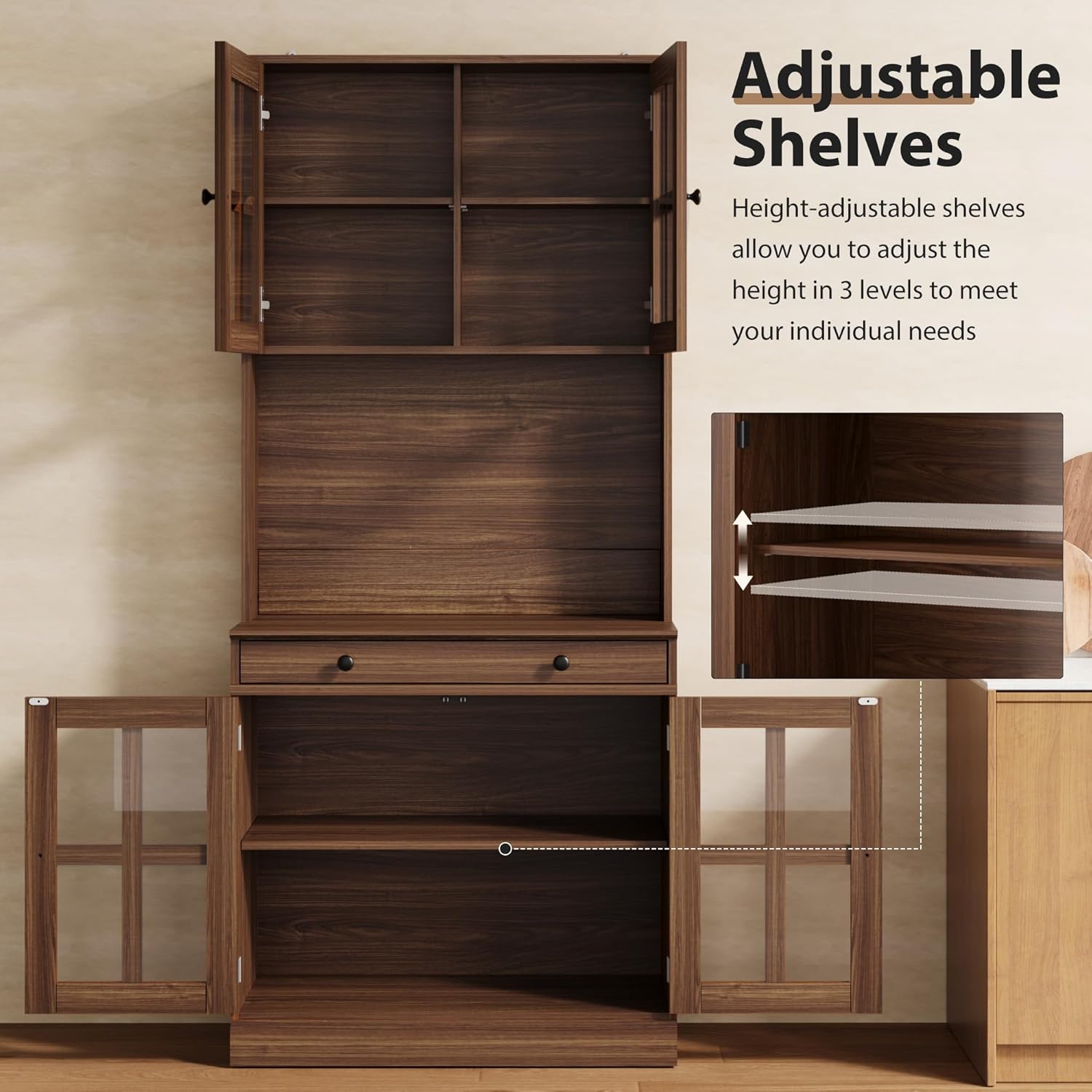Garvee 72 Inch Kitchen Pantry Cabinet with Glass Doors, Drawer and Adjustable Shelves, Farmhouse Tall Storage Cabinet with Open Countertop, Coffee Bar Cabinet for Coffee Corner, Walnut