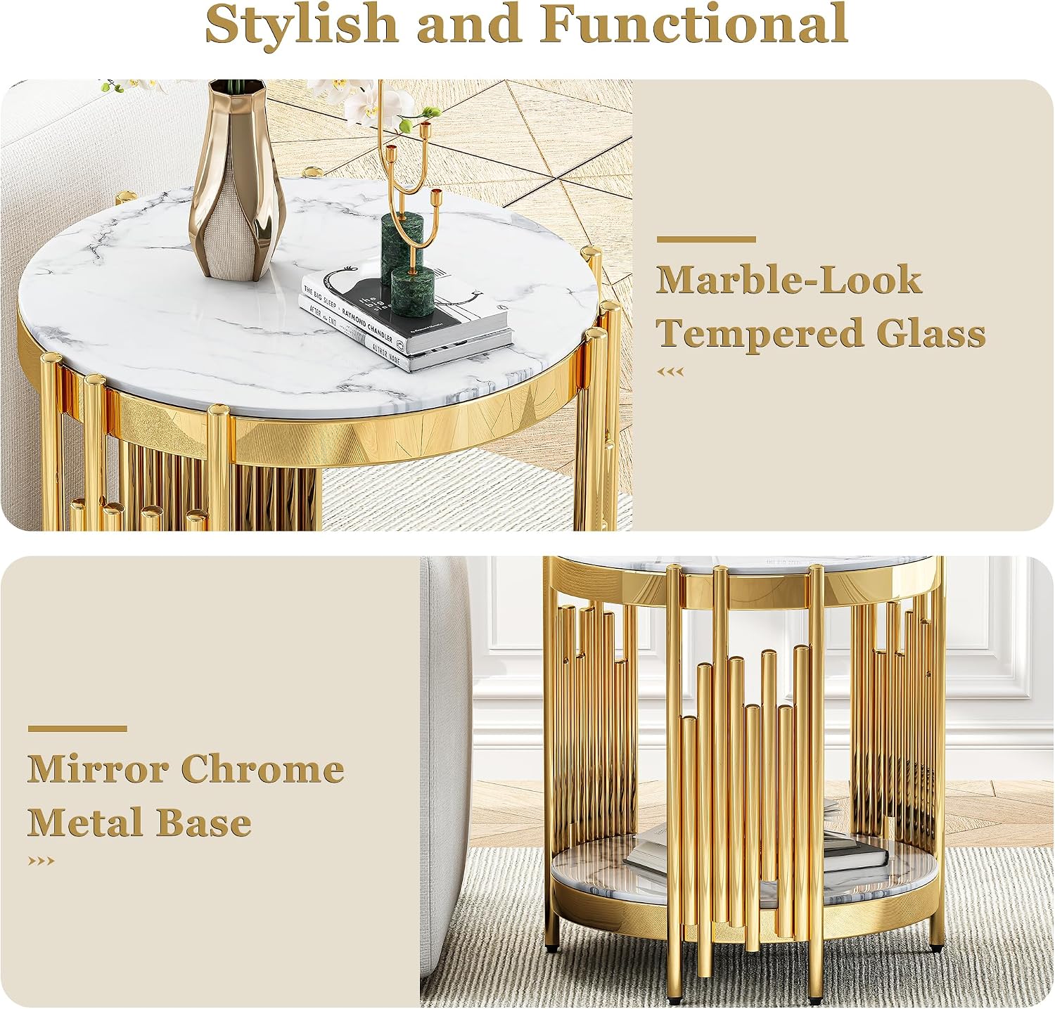 Round 2-Tier End Table, 21" White Faux Marble Top and Gold Stainless Steel Frame, Luxury Modern Side Table for Living or Bedroom