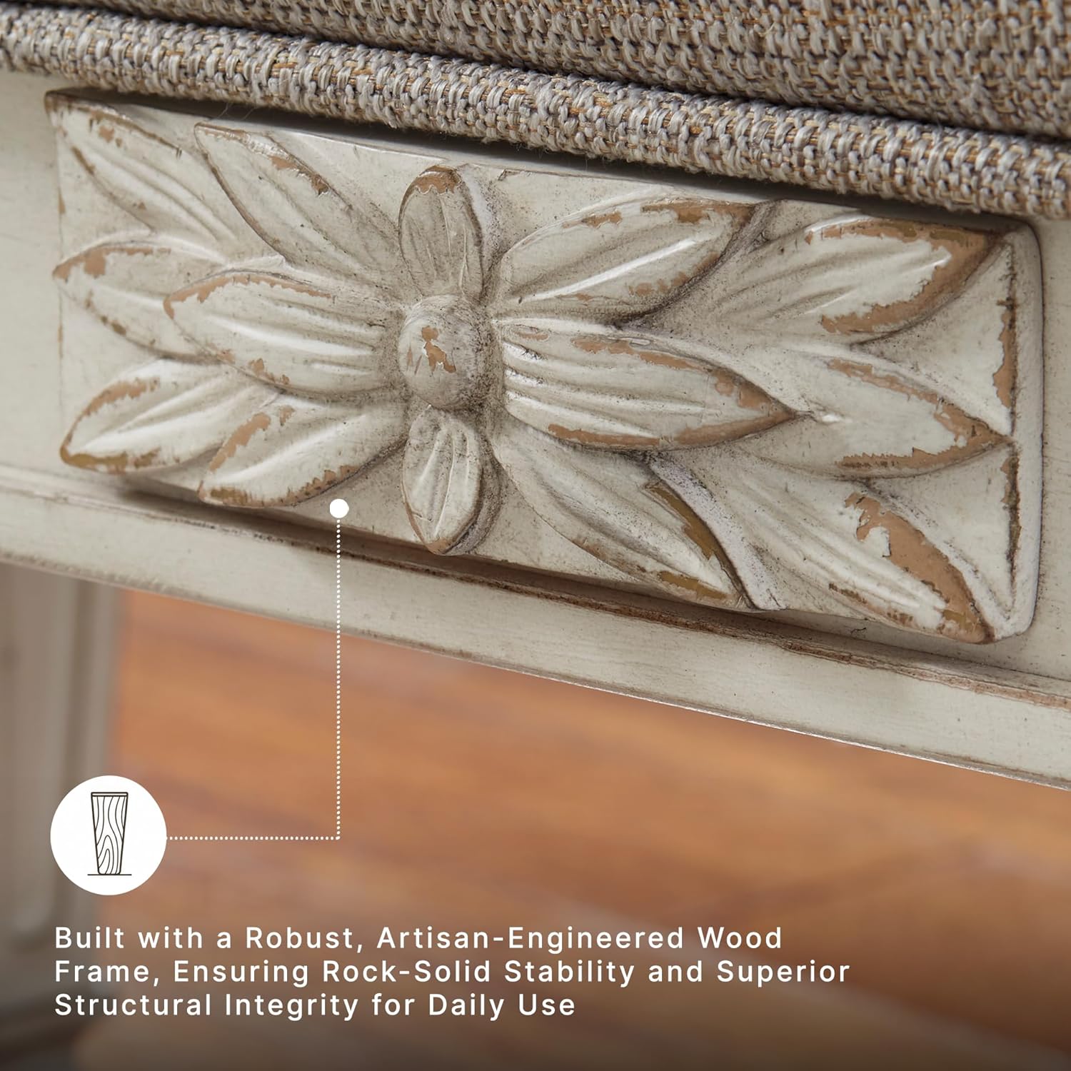 Signature Design by Ashley Realyn French Country Upholstered Tufted Accent Bench with Foam Cushion and Scrolled Arms, Wood Frame, 25.88" High, Antique White
