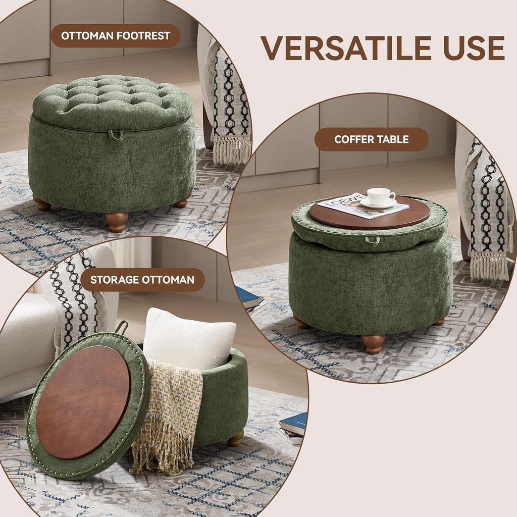 WUTUTUEE 24Inch Round Storage Ottoman with Tray, Modern Tufted Circle Coffee Table with Storage, Upholstered Ottoman with Removable Top for Living Room, Bedroom, Chenille Green