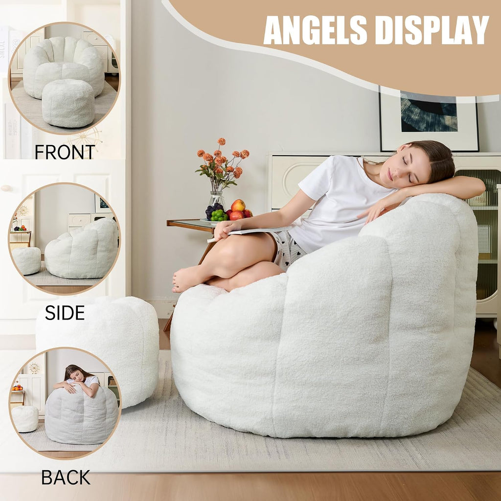 Bean Bag Chair for Adults, Gaint Beanbag Chair with Ottoman, Comfy Lazy Bean Bag Reading Chair for Living Room, Bedroom, White