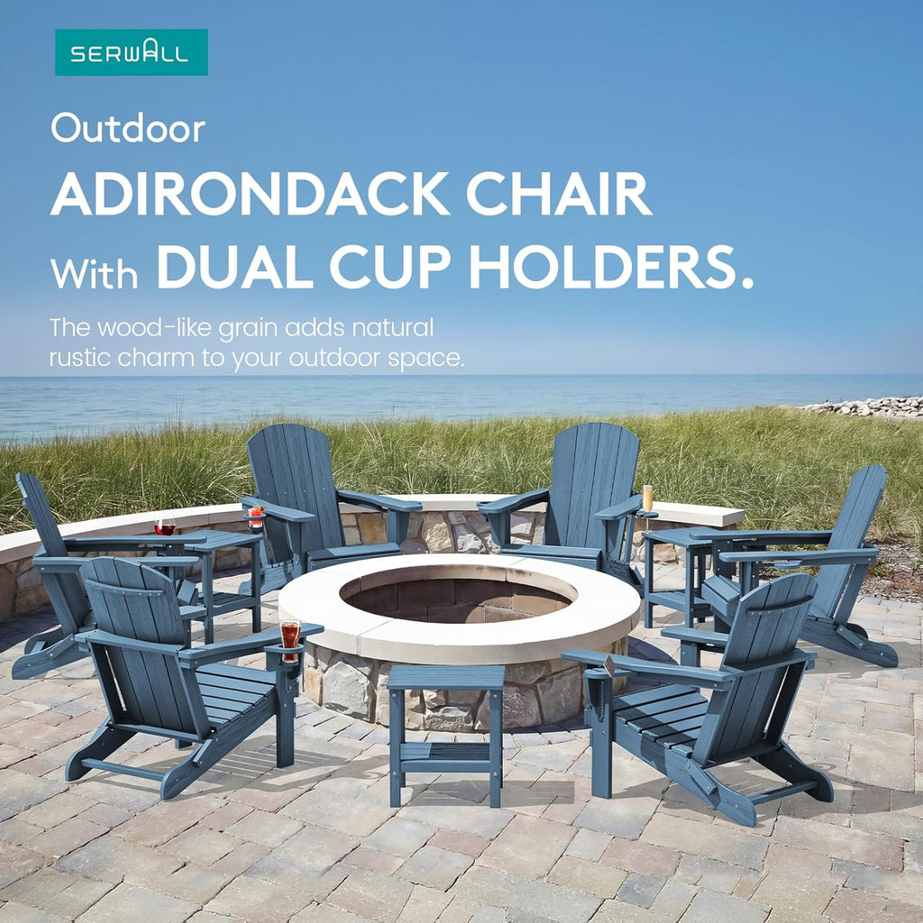SERWALL Folding Adirondack Chair, HDPE Adirondack Chairs Set of 2, Plastic Outdoor Chairs- Looks Exactly Like Real Wood- Navy