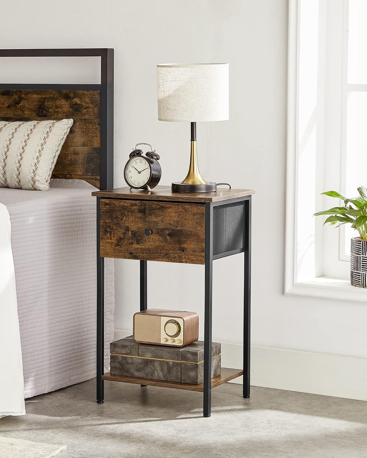 VASAGLE Nightstand, Side Table with Fabric Drawer, 24-Inch Tall End Table with Storage Shelf, Bedroom, Rustic Brown and Black ULGS021B01