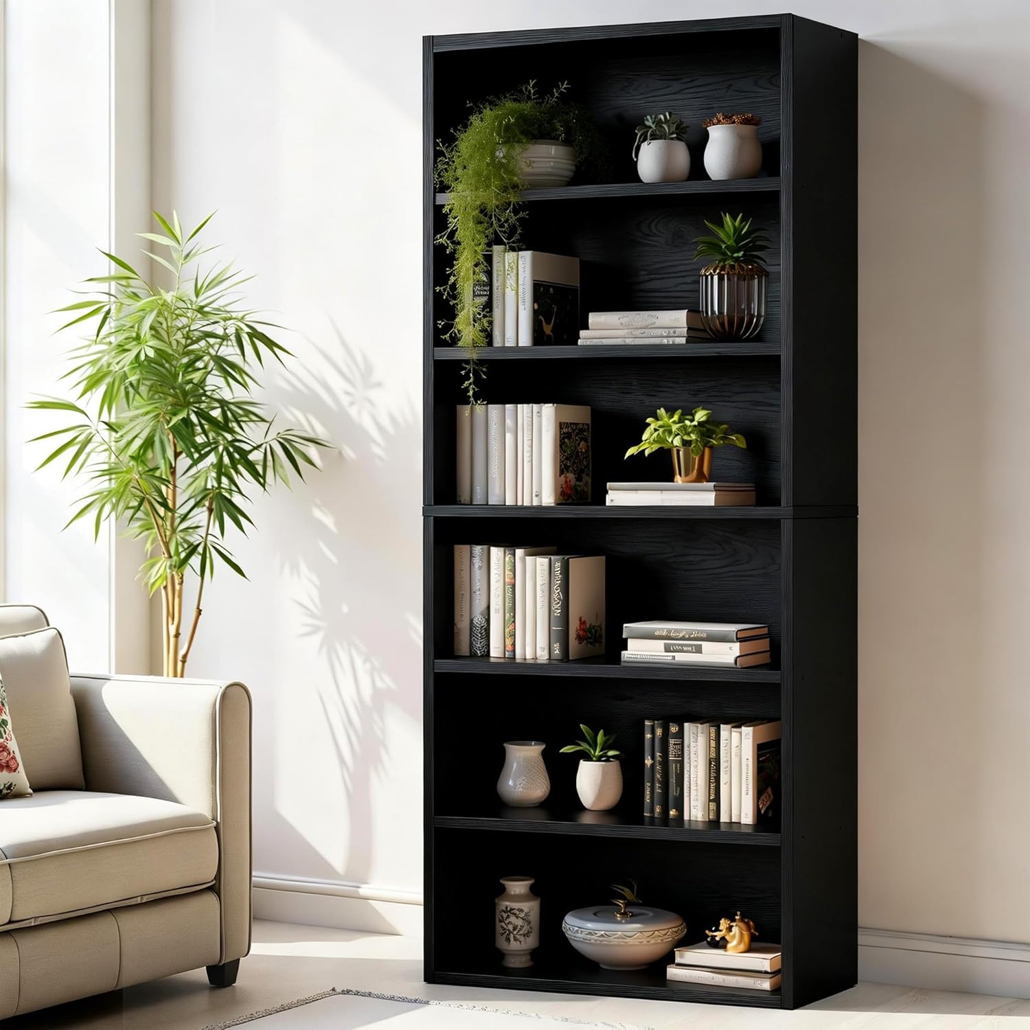 Sweetcrispy 6-Tier Bookcase, 63 Inch Tall Open Bookshelf, Freestanding Wood Book Case, Storage Shelves for Bedroom, Modern Display Bookshelf for Home Office Living Room，Black
