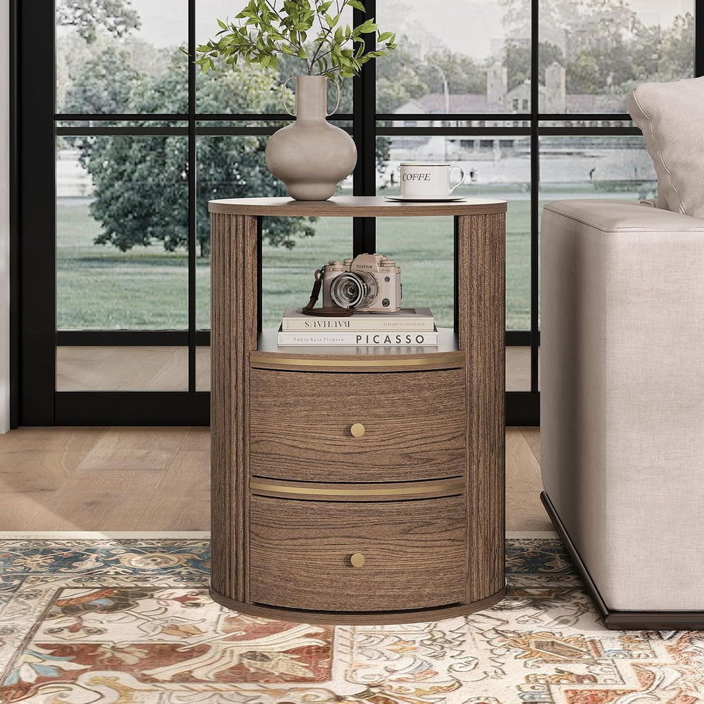JOINICE Round End Tables Living Room, Fluted End Table with 2 Drawers and Open Shelf, 24" Tall Sofa Side Table with Storage, Nightstand for Bedroom, Living Room, Walnut
