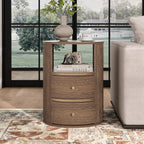 JOINICE Round End Tables Living Room, Fluted End Table with 2 Drawers and Open Shelf, 24" Tall Sofa Side Table with Storage, Nightstand for Bedroom, Living Room, Walnut