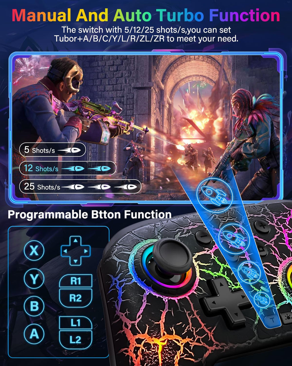 Switch Controller Compatible with Switch/Switch Lite/OLED/PC, Programmable Wireless Switch Controller with 10 LED Light, 6-Axis Motion, Turbo, Vibration, One-Key Wake Up & Pairing, 1000mAh Battery, Flame