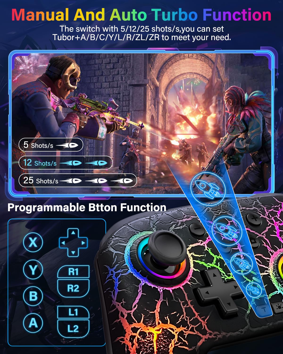 Switch Controller Compatible with Switch/Switch Lite/OLED/PC, Programmable Wireless Switch Controller with 10 LED Light, 6-Axis Motion, Turbo, Vibration, One-Key Wake Up & Pairing, 1000mAh Battery, Flame