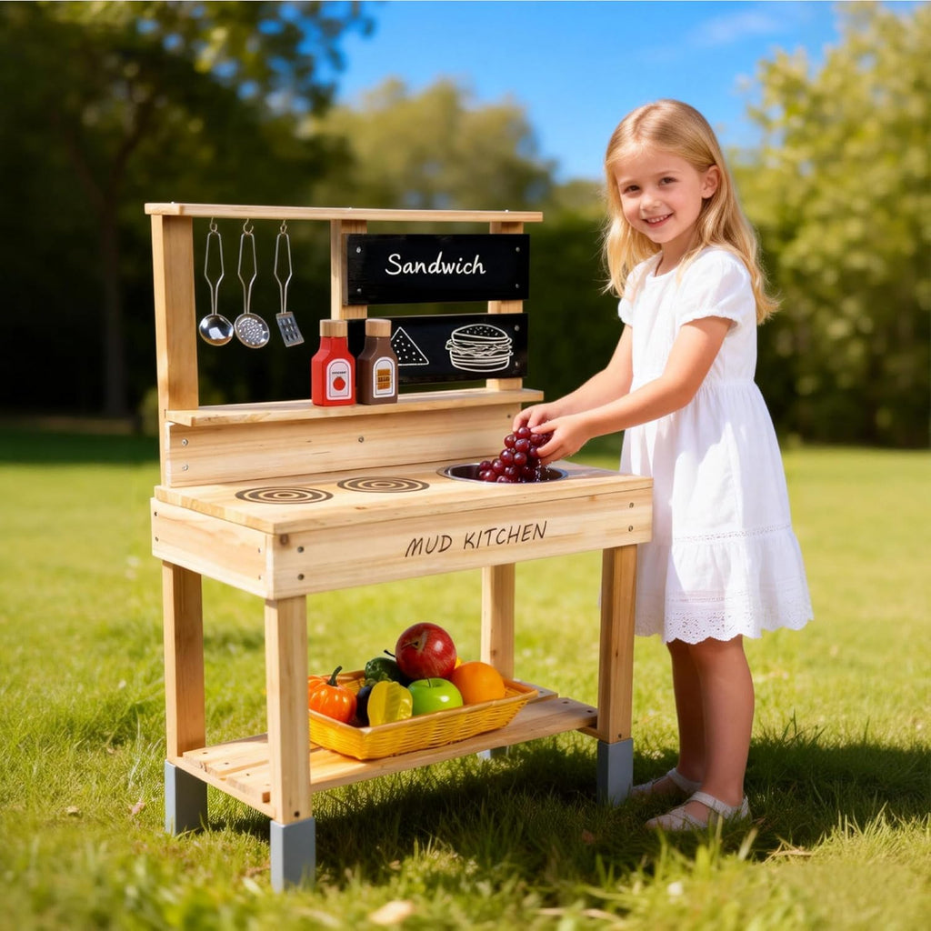 Wooden Mud Kitchen,Outdoor Play Kitchen with Sink,Blackboard and Accessories for Kids,Fir Wood Pretend Play Toy for Boys Girls Backyard