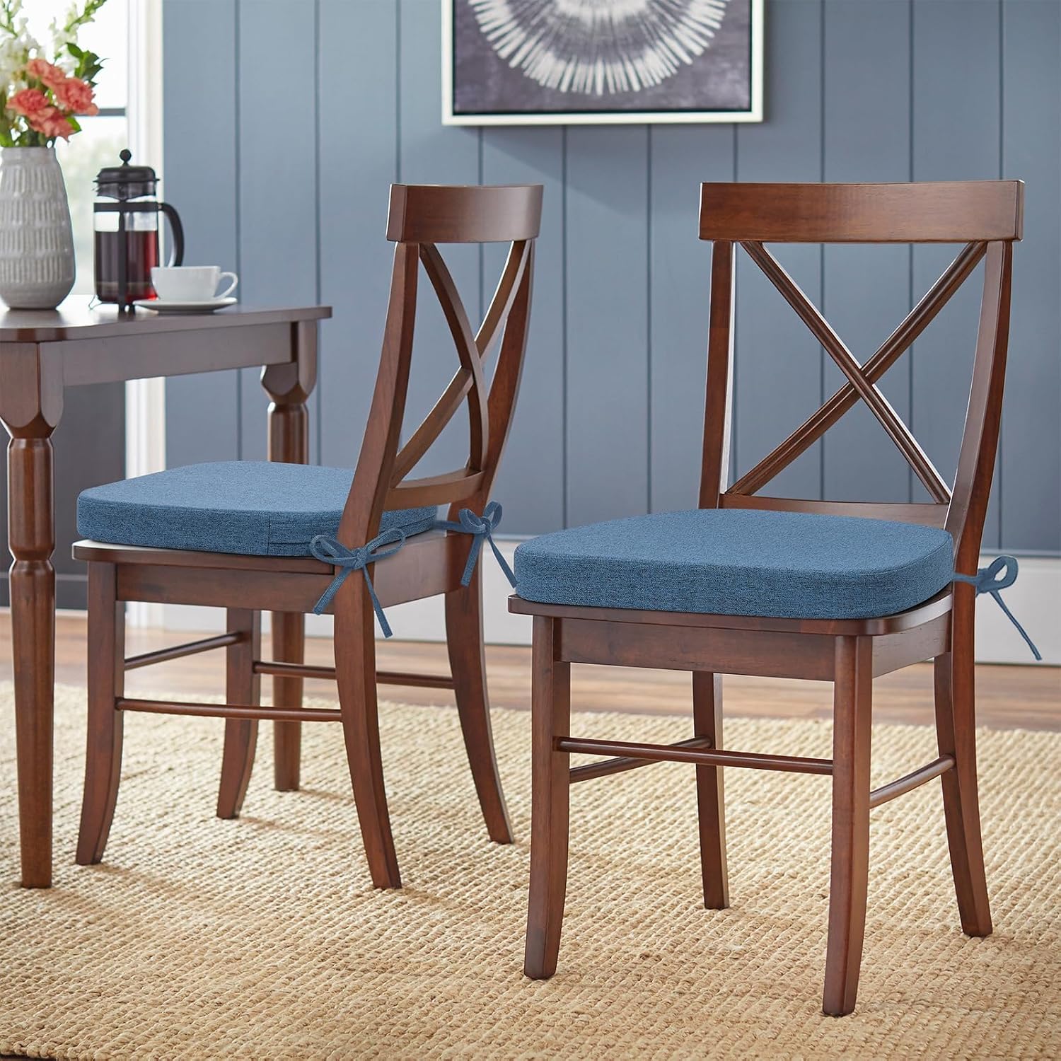 Shinnwa Chair Pads for Dining Chairs Set of 4, Non-Slip Kitchen Chair Cushions with Detachable Straps and Machine Washable Cover, 4 Pack, 17x16x2in, Blue
