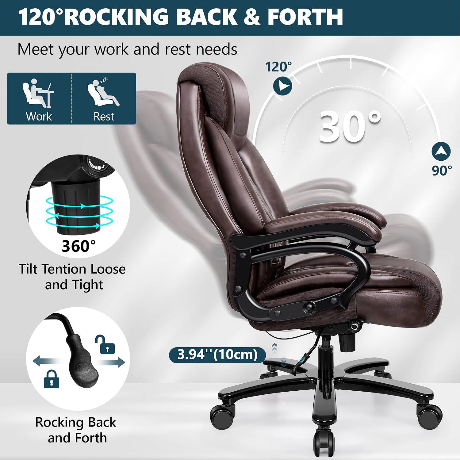 Big and Tall 500lbs Office Chair,Heavy Duty Large PU Leather Executive Desk Chair with Wide Seat, Adjustbale Ergonomic Lumbar Support High Back Rocking Computer Chair for Heavy People (Brown)