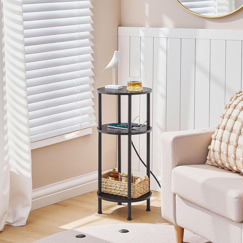 HOOBRO Side Table and Round Side Table Bundle, Round End Accent Table with Sturdy Metal Pedestal, 3-Tier Compact Sofa End Table with Charging Station, BB95BZ01-BB219UBZ01