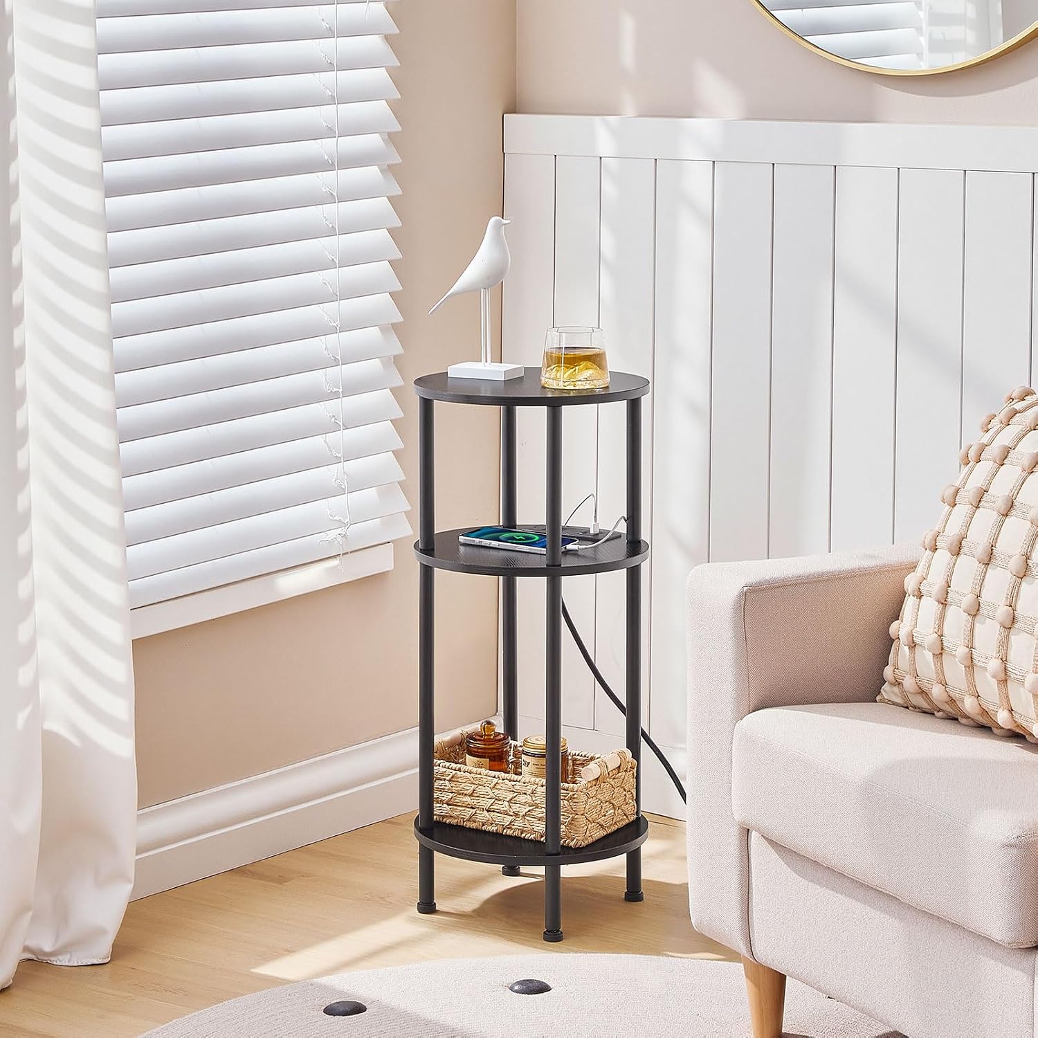 HOOBRO Side Table and Round Side Table Bundle, Round End Accent Table with Sturdy Metal Pedestal, 3-Tier Compact Sofa End Table with Charging Station, BB95BZ01-BB219UBZ01
