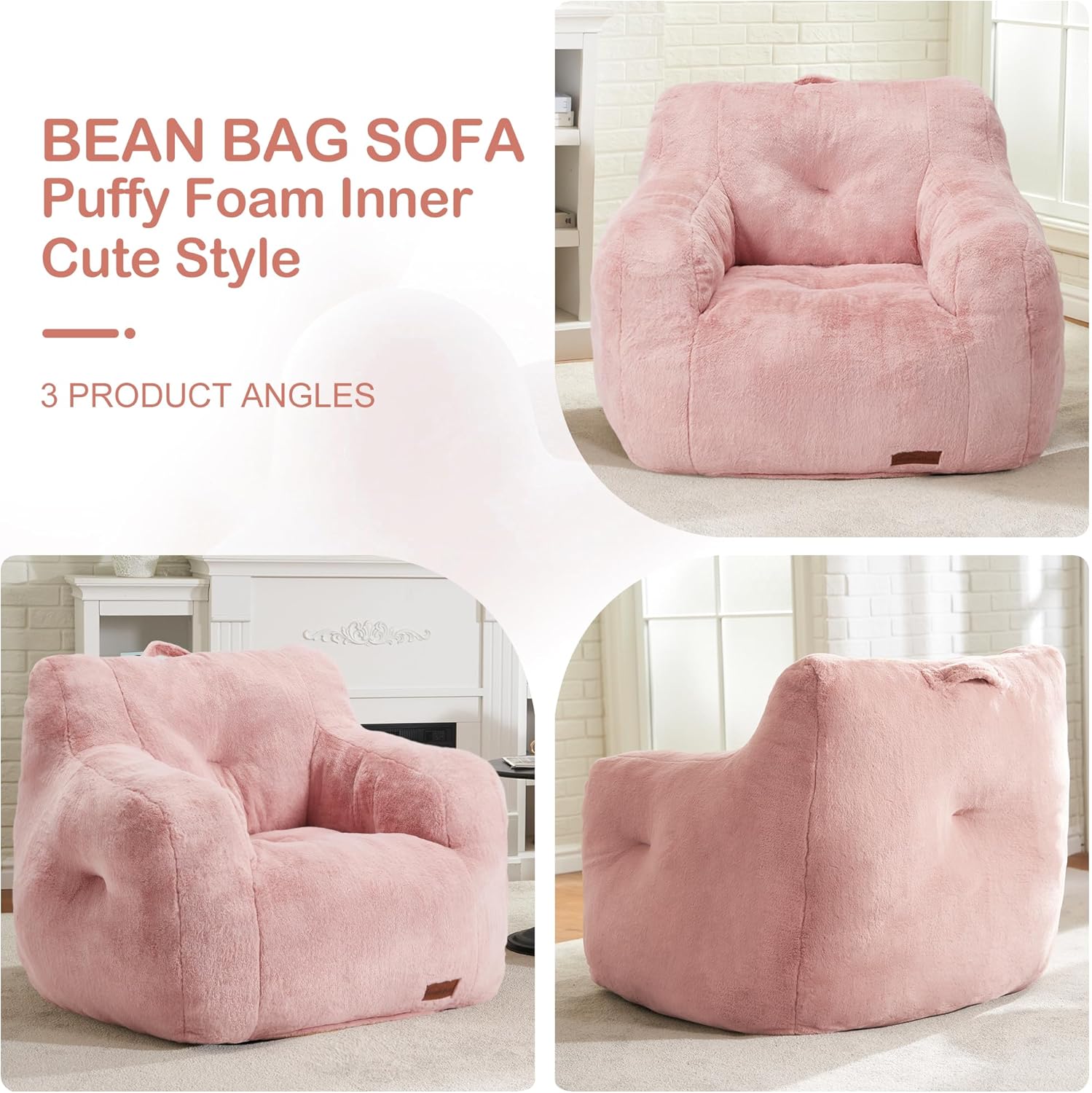 Hobestluk Furry Bean Bag Chair with Arms, Foam Filler for Adult, Pink | Soft Faux Fur Cover, High-Density Resilient Foam, Wide Backrest & Arm-rest, Carrying Handle, Fits Small Spaces, No Assembly