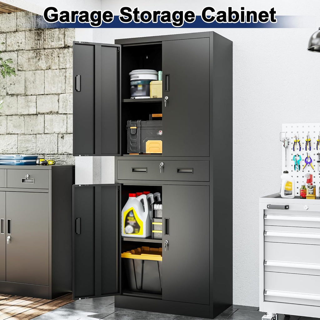 BESFUR Metal Garage Storage Cabinet with a Drawer Locking Doors and 2 Adjustable Shelves, Black Tall Storage Cabinets, Tool File Lockable Cabinet for Garage Office Warehouse Shop(71”H)