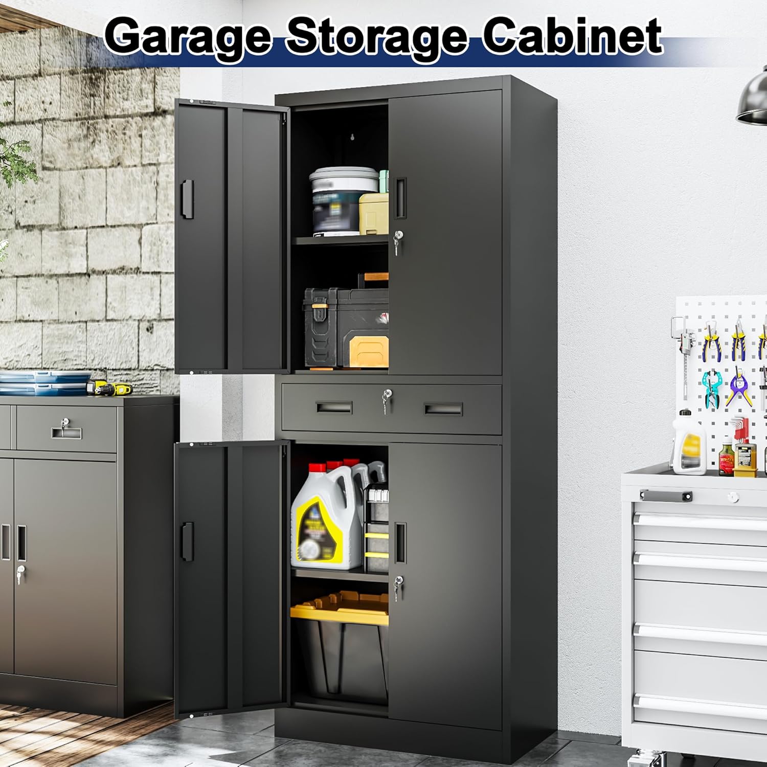 BESFUR Metal Garage Storage Cabinet with a Drawer Locking Doors and 2 Adjustable Shelves, Black Tall Storage Cabinets, Tool File Lockable Cabinet for Garage Office Warehouse Shop(71”H)