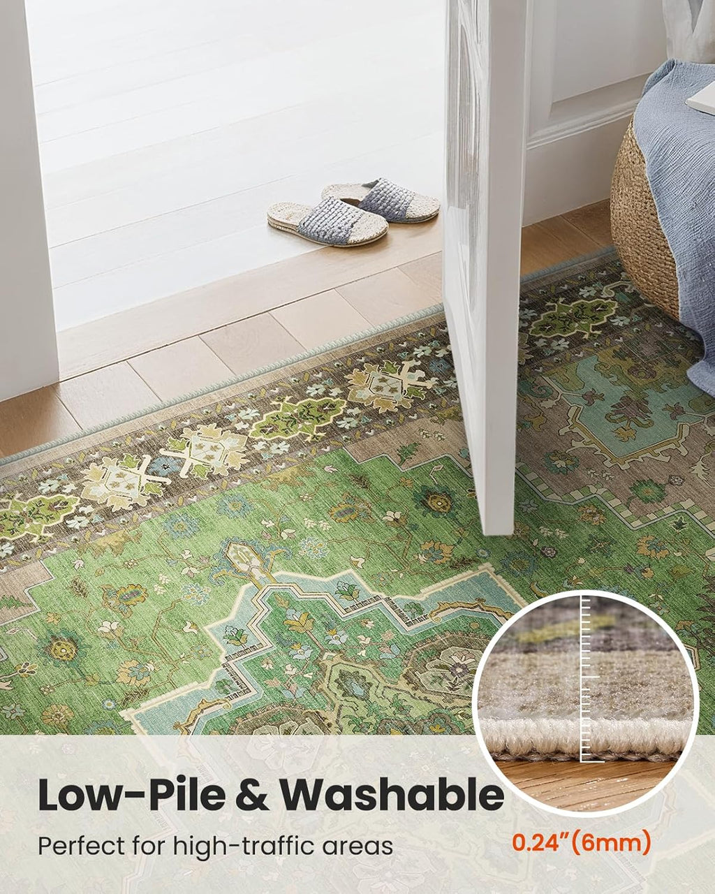 AMADA HOMEFURNISHING 8x10 Area Rug for Living Room, Vintage Washable Area Rug Low-Pile & Non-Slip Carpet for Bedroom Dining Room Nursery Home Office, Green