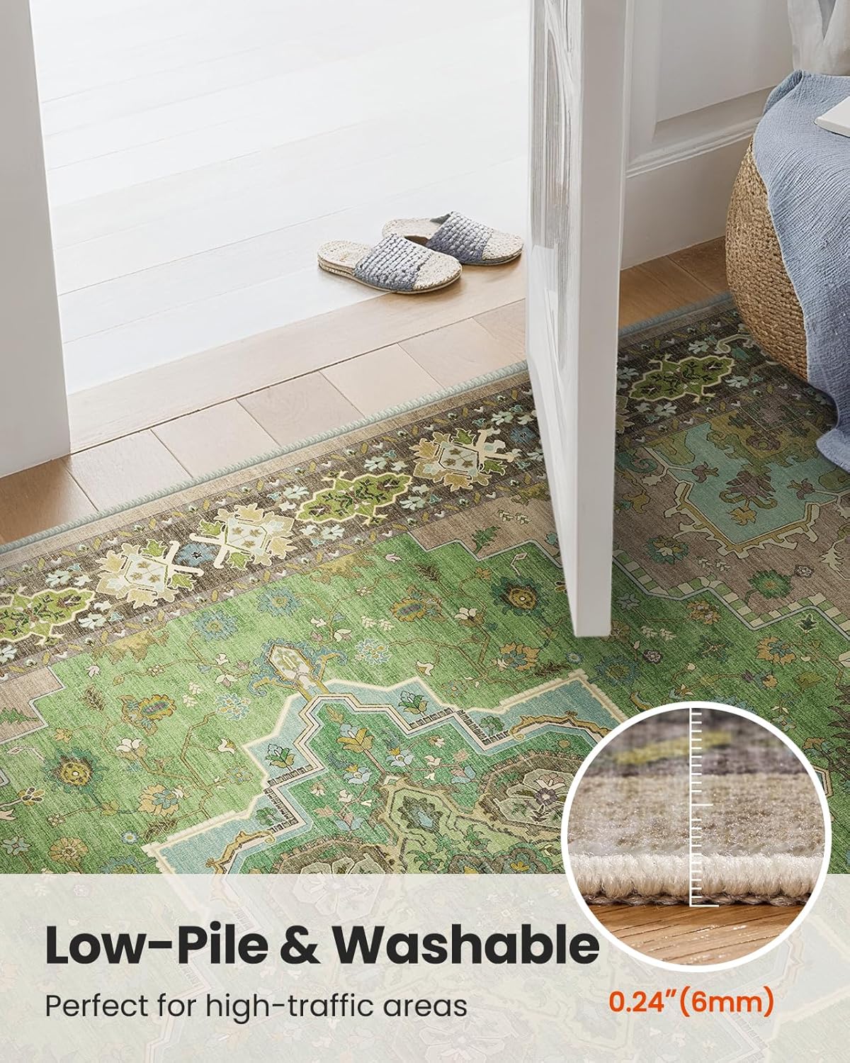 AMADA HOMEFURNISHING 8x10 Area Rug for Living Room, Vintage Washable Area Rug Low-Pile & Non-Slip Carpet for Bedroom Dining Room Nursery Home Office, Green