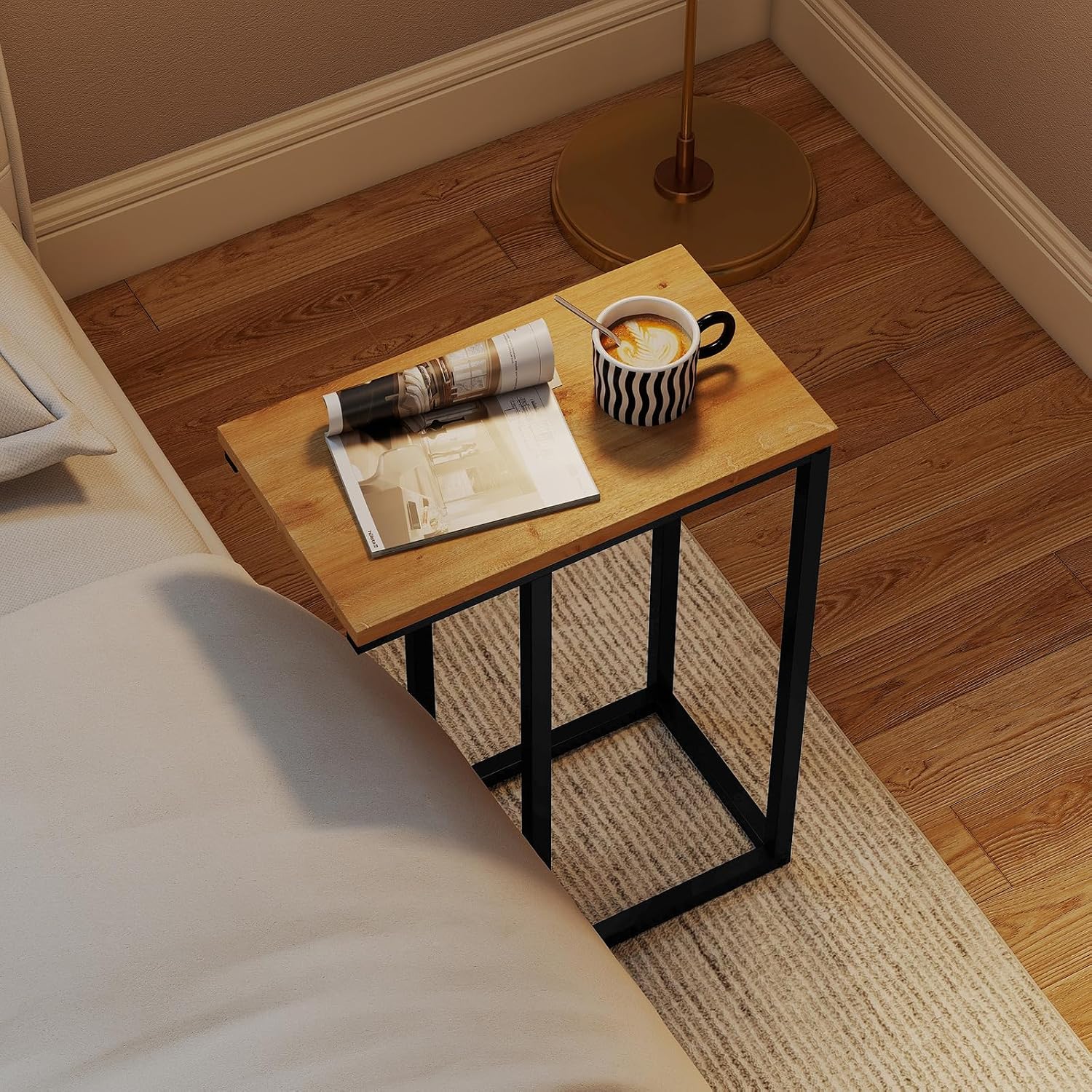 Giantex C-Shaped End Table, Set of 2 Small Sofa Couch Side Table that Slide Under with Metal Frame & Spacious Tabletop, Bedside Laptop TV Tray for Living Room Bedroom Small Spaces (Natural)