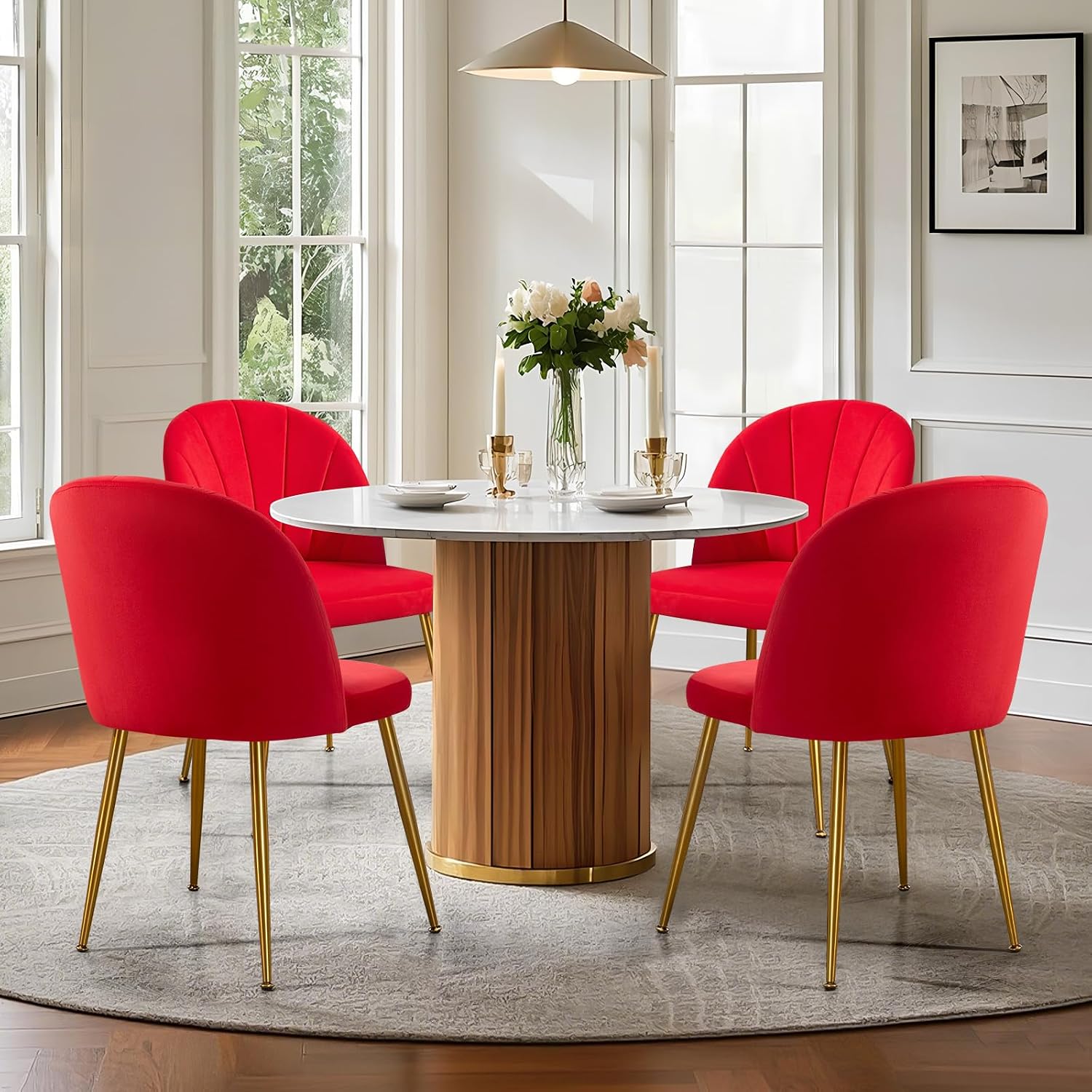 Velvet Dining Chairs Set of 4, Upholstered Mid Century Modern Dining Room Chairs, Armless Accent Chair with Metal Gold Legs for Living Room, Kitchen, Rose Red
