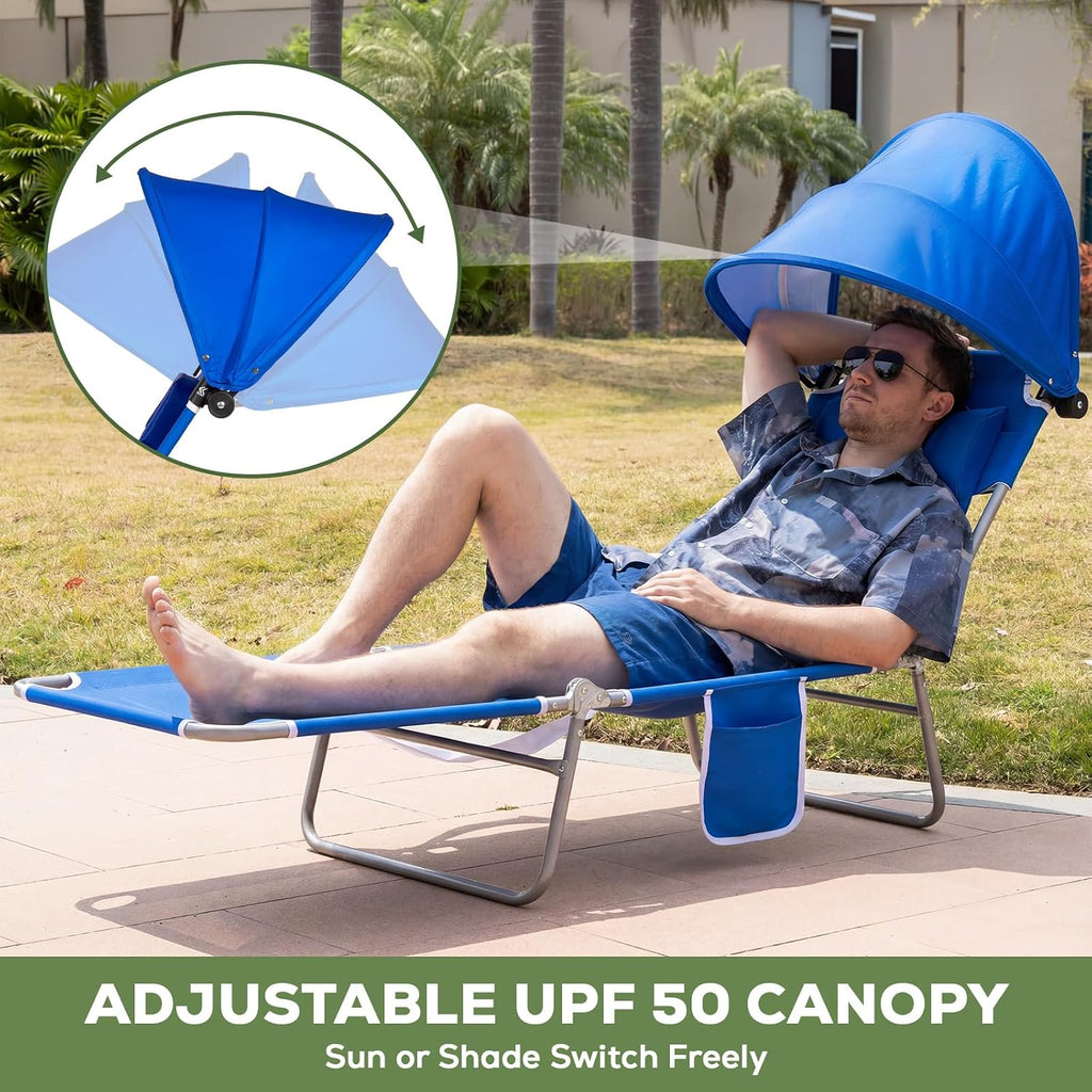 2PK Face-Down Tanning Beach Chair with UPF 50+ Canopy, Adjustable Folding Sunbathing Lounger with Face Hole & Arm Slots, Lightweight Reclining Chair for Beach & Pool, Royal Blue