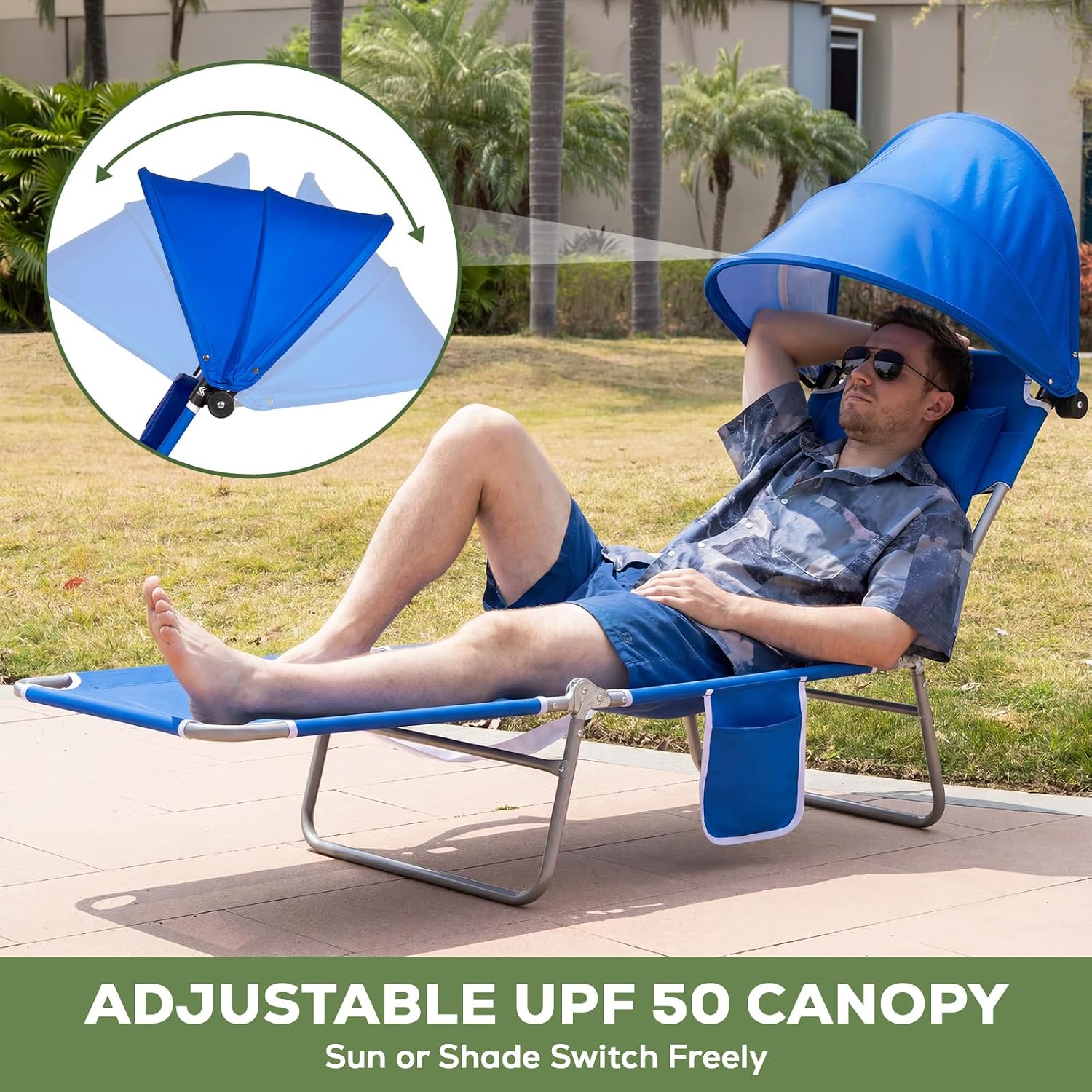 2PK Face-Down Tanning Beach Chair with UPF 50+ Canopy, Adjustable Folding Sunbathing Lounger with Face Hole & Arm Slots, Lightweight Reclining Chair for Beach & Pool, Royal Blue