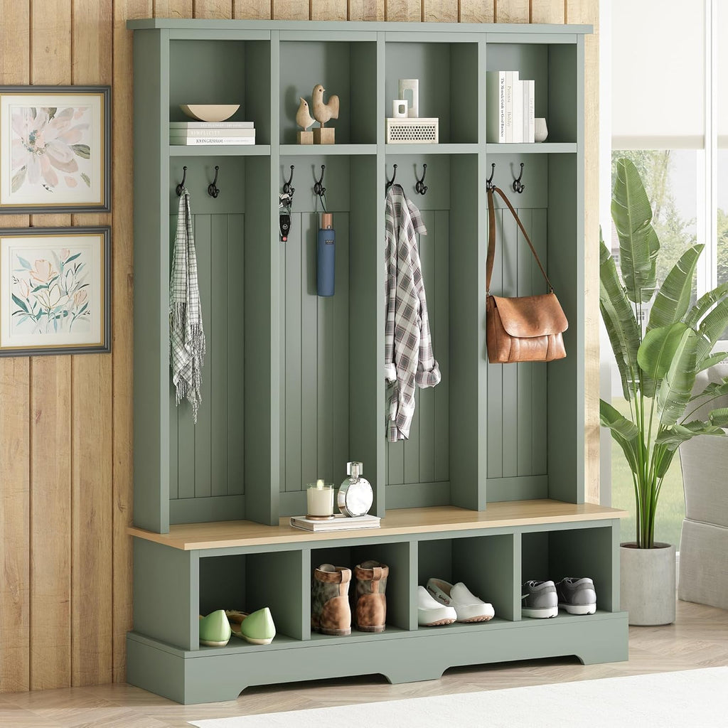 Merax Farmhouse Hall Tree with Bench and Shoe Storage, 59" Entryway Bench with Coat Rack, 3-in-1 Hall Tree with Top Compartments and 8 Hooks for Hallway, Living Room, Green