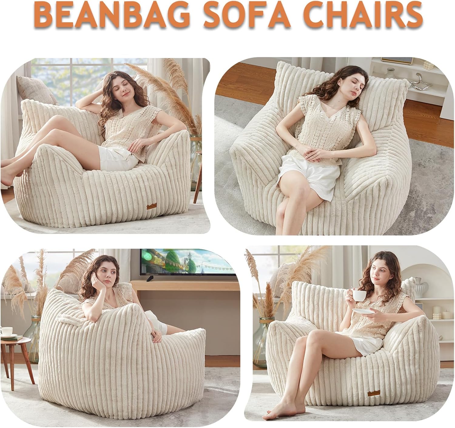 Giant Bean Bag Chair for Adults Teens with Armrest Large BeanBag Couch Sofa | with Foam Filling,Back Support,Comfy Faux Fur,Beige Plush Reading Chair Floor Sofa for Bedroom,Living room,Dorm