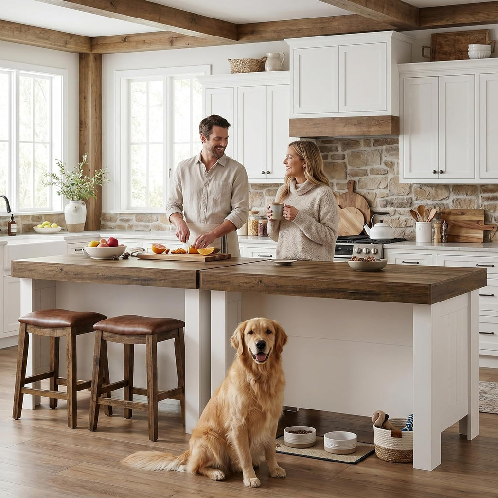 Tribesigns 55" Kitchen Island with Storage Shelves, 2-Tier Farmhouse Wood Counter Height Table with Seating, Large Stationary Island for Kitchen, Dining Room, Small Space (White)