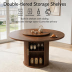55.1” Round Dining Table Set for 6, Modern Kitchen Table Equipped with Storage Compartments and Sliding Doors, 7 Pieces Dining Table Chairs Set for Kitchen, Living Room (Walnut)
