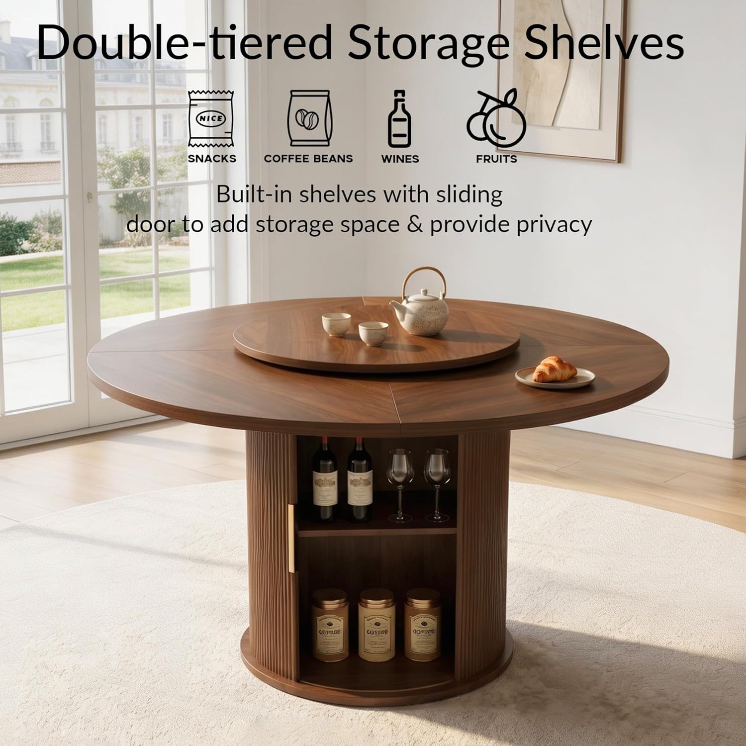 55.1” Round Dining Table Set for 6, Modern Kitchen Table Equipped with Storage Compartments and Sliding Doors, 7 Pieces Dining Table Chairs Set for Kitchen, Living Room (Walnut)