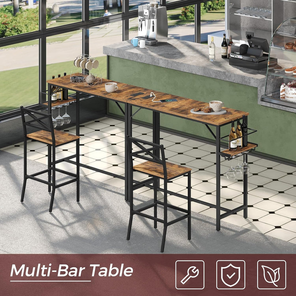 MAHANCRIS Bar Table, 35.4-Inch Counter Height Pub Table with Charging Station, Rectangular Dining Table with Wine Rack and Glass Holder, High Top Cocktail Tables, for Kitchen (Only Table)