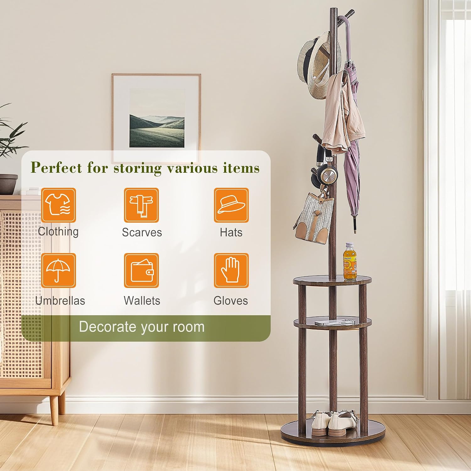 VECELO Coat Rack Freestanding, Entryway Hanger Stand, Umbrella Holder, Hall Tree With Hooks, Floor Standing Tree Stand,Walnut
