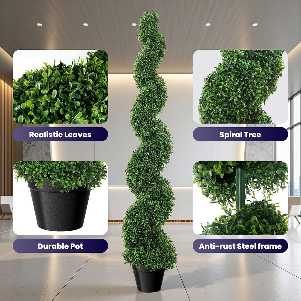 5ft Artificial Boxwood Spiral Tree Set (2 Pcs), Artificial Topiary For Outdoors With Weighted Pot, Outdoor Artificial Plants For Outdoor & Indoor Decoration, Boxwood Topiary, Artificial Outdoor Plants
