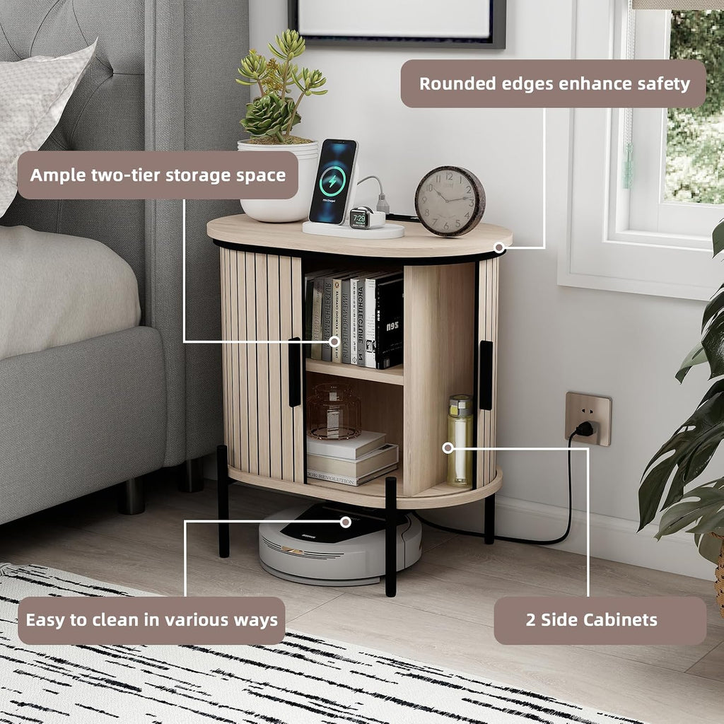 CANMOV Mid Century Modern Side Table,Oval Nightstand with Charging Station & Storage,Fluted Bedside Table with Sliding Doors,End Table for Small Space,Living Room, Bedroom,Kitchen,Oak